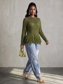 BamGlimmer Crew Neck Hollow Mesh Long Sleeve Knit Top, Niche Design Double Layer Tassel Hem Short Knit Cover-Up - Army Green - View 6