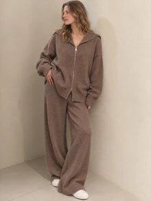 Dayvera Women's Solid Color Zip-Up Hoodie And Pants Knit 2 Pieces Set - Brown - View 3