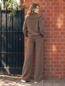Dayvera Women's Solid Color Zip-Up Hoodie And Pants Knit 2 Pieces Set - Brown - View 2