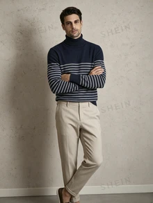 Manfinity CasualKnits 男士條紋高領長袖休閒百搭毛衣 - 彩色 - 查看 4