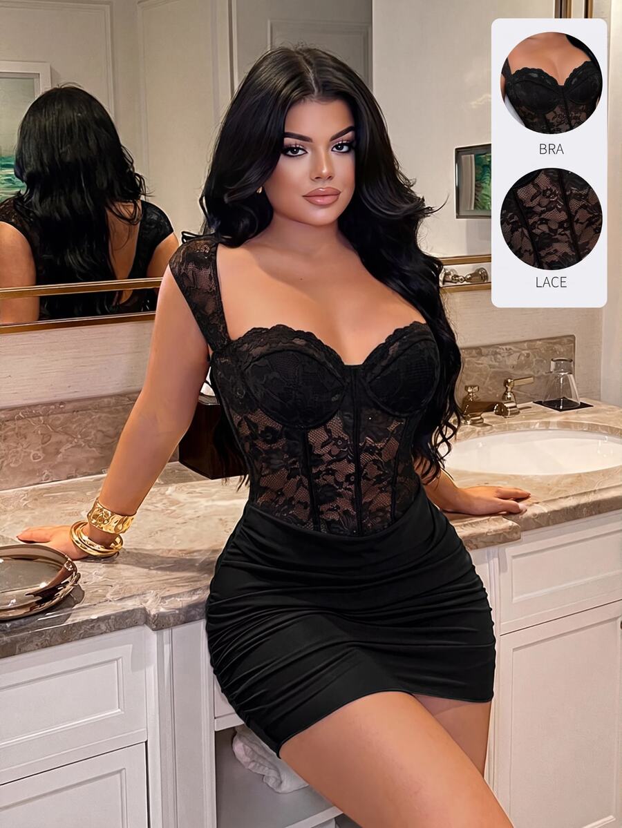 SHEIN SXY 女款蕾絲性感約會派對短洋裝 - 黑色 - 查看 1