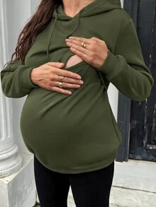 SHEIN 孕婦純色長袖休閒抽繩連帽哺乳衛衣 冬季 - 軍綠色 - 查看 9