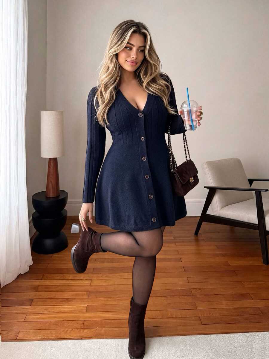 Vionelle Gaun Rajut Kasual Wanita Ukuran Besar Warna Polos Leher V untuk Sehari-hari - Navy Blue - View 1