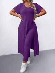 SHEIN LUNE Plus Size Ribbed Side Slit Short Sleeve Top And Pants 2 Pieces Set - Purple - View 6