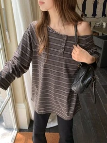 DAZY Women's Striped Asymmetrical Shoulder Loose Casual T-Shirt - Coffee Brown - View 3