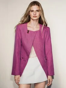 Aveloria Modichic Women's Blazer Straight Two-Tone Woven Overlap Square Neck Metal Button Shoulder Pads Modern Hot Pink Solid Women's Jacket Autumn Outfit Christmas - Pink - View 5