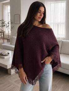Aloruh Women's Autumn/Winter Loose Asymmetrical Shoulder Lace Patchwork Sweater - Burgundy - View 3