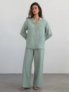 Livesso Women's Striped Pocket Button-Up Top And Pants Pajama Set - Green - View 5