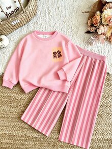 SHEIN Playful Pals 女嬰 2 件組秋季套裝 卡通狗狗印花圓領衛衣與條紋長褲 可愛休閒嬰兒服 - 彩色 - 查看 5