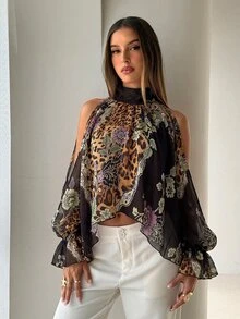 Aloruh Boho Stand Collar Tie Long Sleeve Flared Asymmetrical Hem Chiffon Printed Women's Blouse - Multicolor - View 6