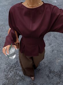 Siren Gaze 女款優雅通勤純色蝙蝠袖修身襯衫 酒紅/紅酒色 - 酒紅色 - 查看 1