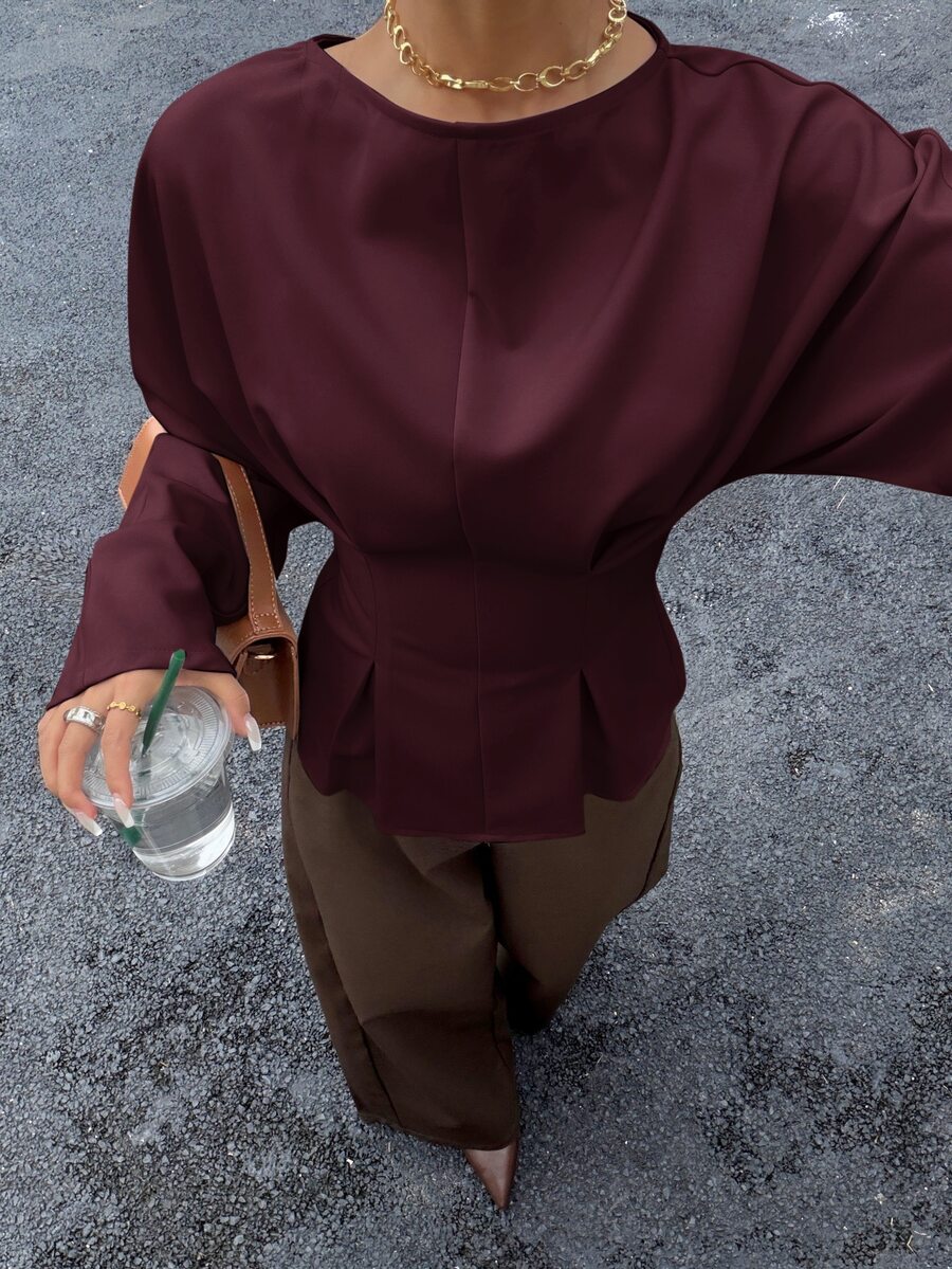 Siren Gaze 女款優雅通勤純色蝙蝠袖修身襯衫 酒紅/紅酒色 - 酒紅色 - 查看 1