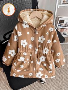 SHEIN 女童冬季新款拉鍊連帽加厚棉襖外套，時尚個性花卉印花收腰口袋設計，可愛甜美秋季棉襖 - 棕色 - 查看 3