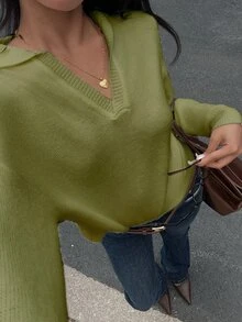 Autumina 女款純色V領寬鬆大碼針織套頭毛衣，長袖上衣，秋冬款 - 綠色 - 查看 1