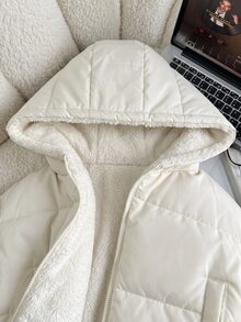 SHEIN Tween女孩冬季新款白色保暖內裡連帽短版羽絨外套 - 米色 - 查看 3
