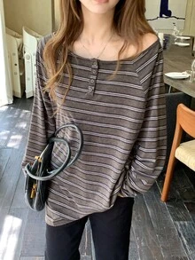 DAZY Women's Striped Asymmetrical Shoulder Loose Casual T-Shirt - Coffee Brown - View 7
