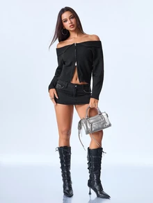 Y2Kool Women's Black Short Cold Shoulder Zipper Lapel Sweater, Slim Fit Comfortable Cardigan, Suitable For Commuting, Dating, Shopping And Vacation Outfits - Black - View 3