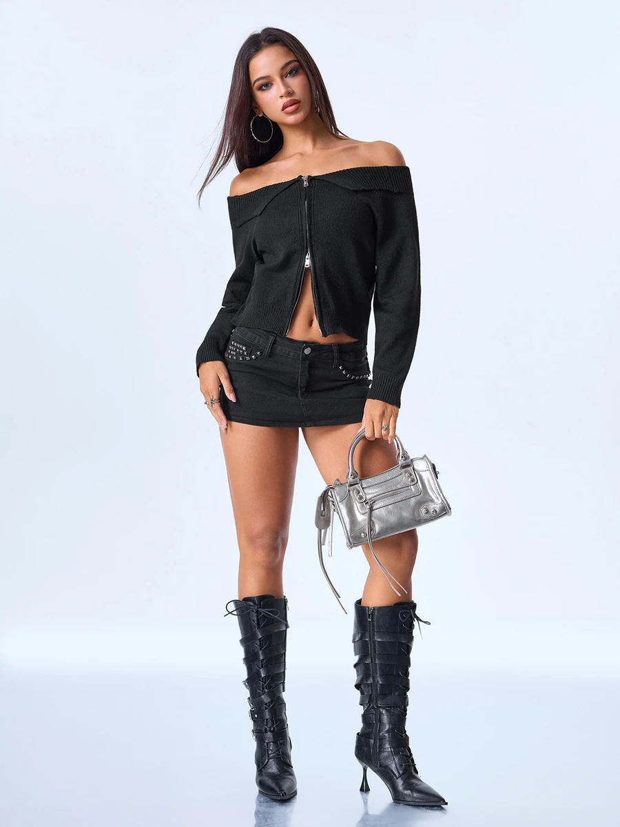 Y2Kool Women's Black Short Cold Shoulder Zipper Lapel Sweater, Slim Fit Comfortable Cardigan, Suitable For Commuting, Dating, Shopping And Vacation Outfits - Black - View 1