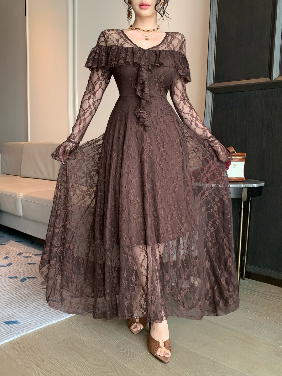 DAZY Women's V-Neck Bell Sleeve Patchwork Ruffle Elegant Lace Dress - Coffee Brown - View 1