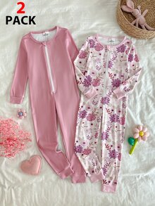 2件組少女長袖針織高彈力深粉色與花卉印花可愛修身家居服，舒適柔軟秋冬居家穿著，送給少女的最佳禮物 - 彩色 - 查看 1