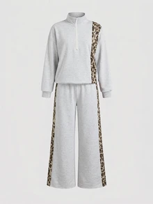 INAWLY Leopard Print Grey Half-Zip Long Sleeve Sweatshirt And Sweatpants Casual 2 Pieces Set - Grey - View 3