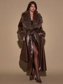 SHEIN BAE Women's Plush Patchwork Casual Versatile Daily Commute Trench Coat Jacket - Brown - View 3