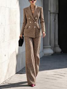 Balvessa Women's Plaid Long Sleeve Jacket And Pants Casual Suit Set - Coffee Brown - View 4