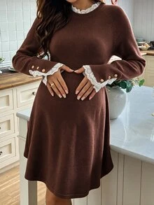 SHEIN 孕婦蕾絲拼接 A 字針織長袖洋裝，休閒日常穿著冬季款 - 咖啡 - 查看 1