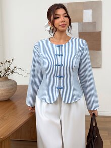 Lounesse Blus Elegan Bergaris Kancing Depan untuk Wanita Ukuran Besar - Biru - View 3