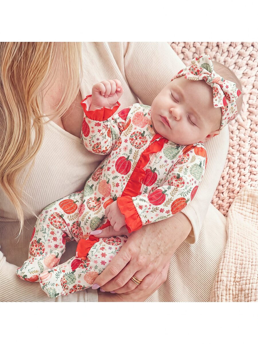 SHEIN Newborn Baby Cute Knitted Casual Cartoon Pattern Romper & Headband Set - Apricot - View 1