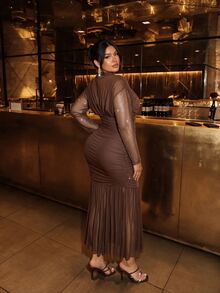 Firerie Plus Size Elegant Sequin Pleated Dress For Evening Party - Coffee Brown - View 2