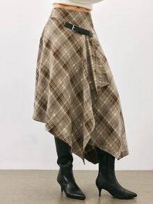 Maija Women's Plaid Casual Versatile Daily Wear Skirt - Brown - View 1