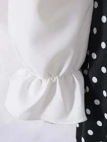 SHEIN Tween Girls Fall Style Fake Two-Piece Polka Dot Dress Puff Long Sleeve Bow Decor Back To School Daily Party Outfit - Black and White - View 4