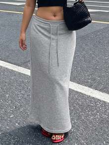 Dazy Plus Solid Color Elastic Slim Fit Long Straight Skirt Low Waist Skirt - Grey - View 5