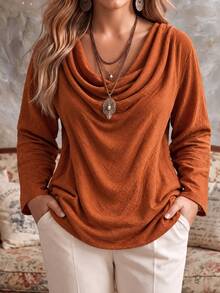 Ceyna Plus Size Solid Color Casual Minimalist Cowl Neck Loose Long Sleeve Shirt - Orange - View 5