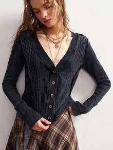 Bohemela Women's Textured Button Knit Cardigan - Black - View 5