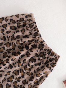 女童居家服豹紋動物刺繡長袖上衣與豹紋滿版毛絨長褲套裝休閒服 - 黑色 - 查看 5