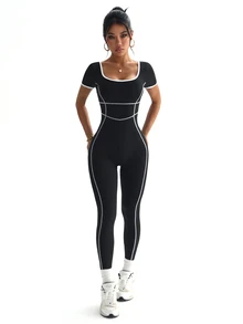 SHEIN Dewbera Women's Square Neck Short Sleeve Piped Trim Daily Fitness Sports Jumpsuit - Black and White - View 6