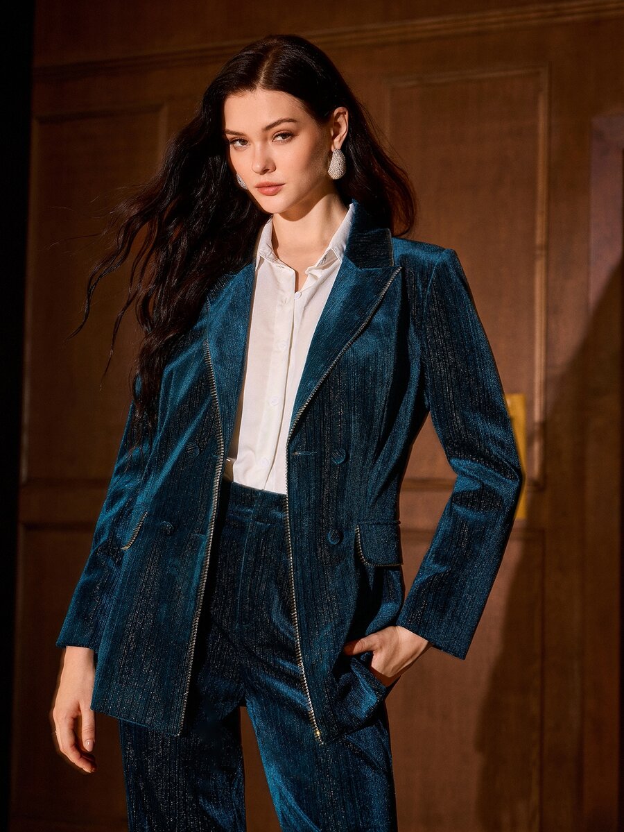 MOTF PREMIUM WOMEN'S BLUE SHINY VELVET BLAZER WITH RHINESTONE TRIM AND BUD-SHAPED DECORATION, COMMUTER STYLE - Blue - View 2