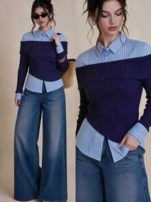 Selenza Women's Fashionable New Spring/Autumn Romantic Elegant Black Off-Shoulder Striped Patchwork Shirt, 2 In 1 Design, Suitable For Daily Commute, Date, Outing, Vacation And Various Occasions, Fashionable Item - Blue - View 1