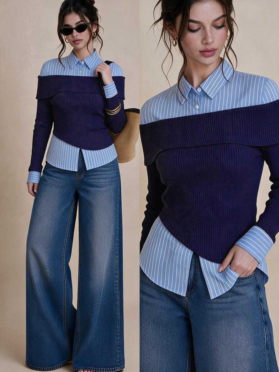 Selenza Women's Fashionable New Spring/Autumn Romantic Elegant Black Off-Shoulder Striped Patchwork Shirt, 2 In 1 Design, Suitable For Daily Commute, Date, Outing, Vacation And Various Occasions, Fashionable Item - Blue - View 1