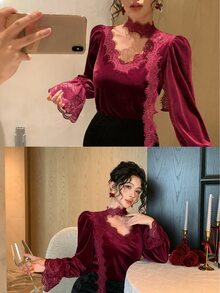 DAZY Women's Loose Blouse With Eyelash Lace Trim, Ribbon And Bell Sleeves - Burgundy - View 8