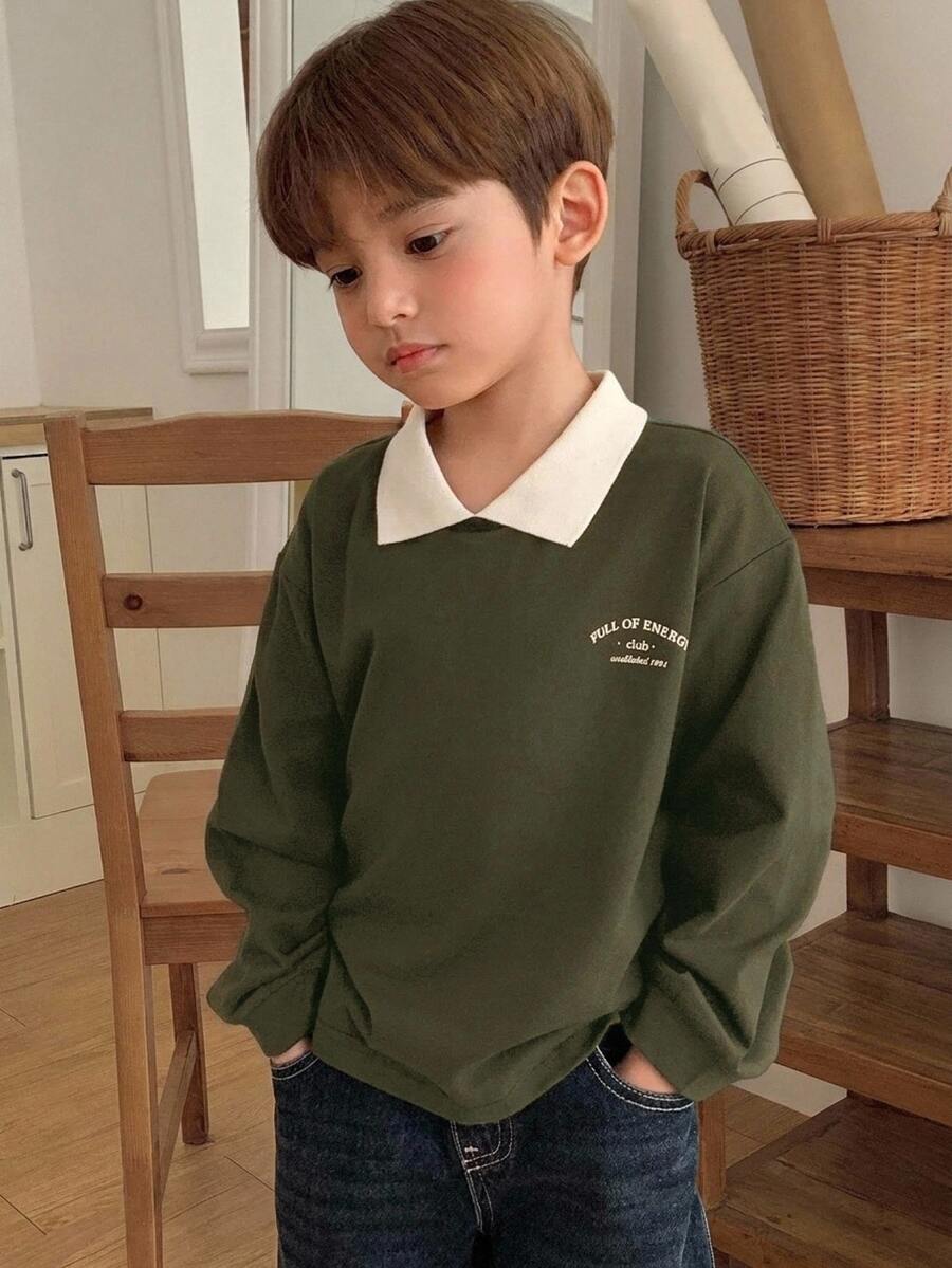 Dazy Kids 兒童秋季男孩小號休閒版型字母印花日系森系T恤 - 墨綠色 - 查看 1