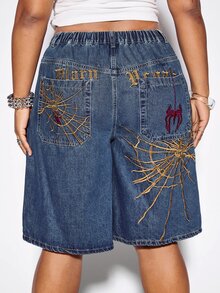 ROMWE Street Life Y2K Vintage Unisex Street Punk Spider Web Embroidered Loose Wide Leg Plus Size Women's Denim Mid-Length Pants - Blue - View 4