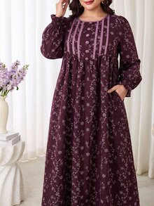 Al Najma Plus Size Women's Floral Pattern Button Design Pocket Arabian Dress - Burgundy - View 1
