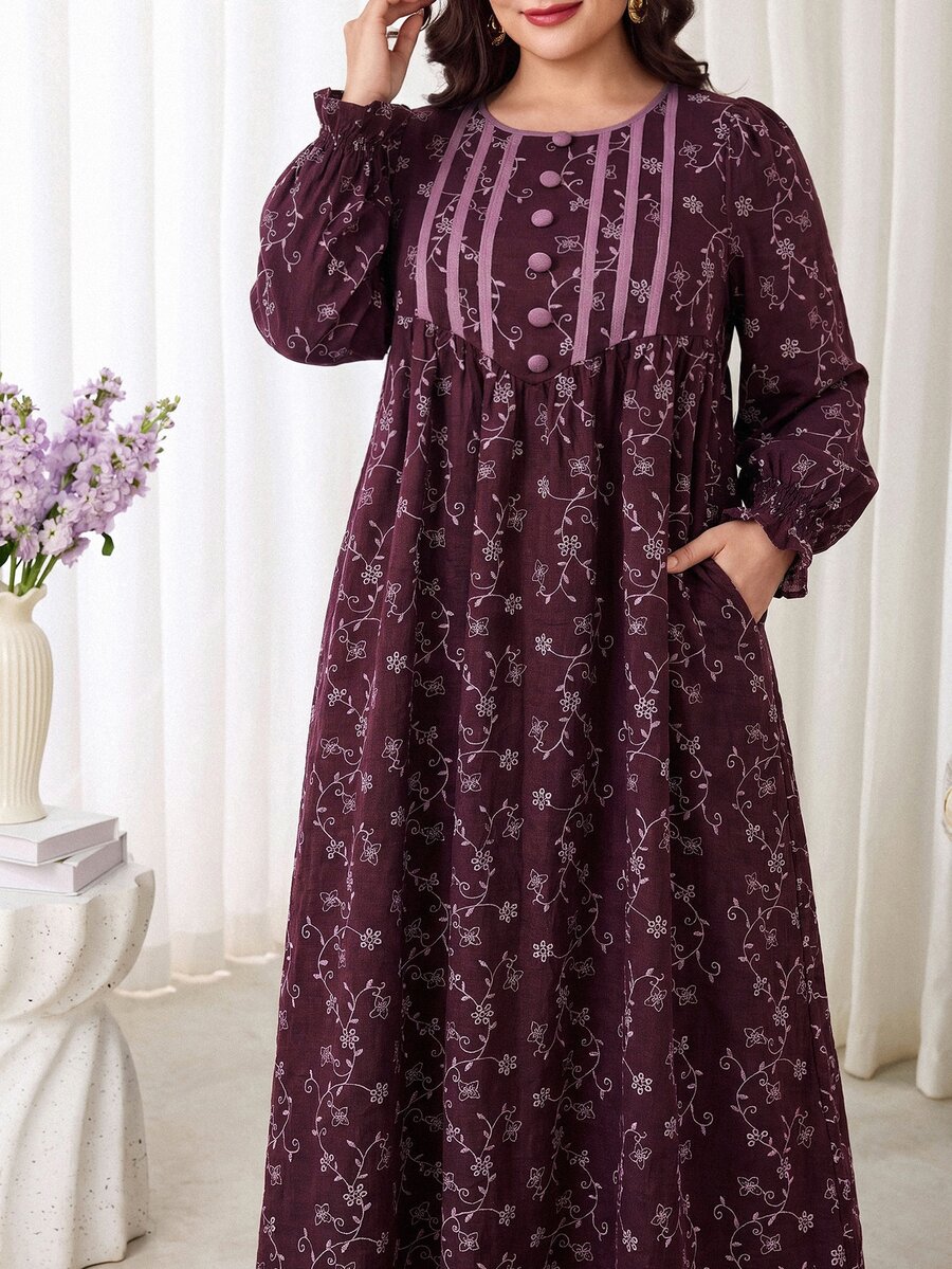 Al Najma Plus Size Women's Floral Pattern Button Design Pocket Arabian Dress - Burgundy - View 1