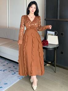 DAZY Women's Sequin Design V-Neck Patchwork Ruffle Elegant Long Sleeve Dress - Burnt Orange - View 4