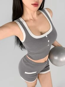 DAZY Women's Contrast Color Button Design Cropped Tank Top And Shorts Sports Set - Grey - View 6