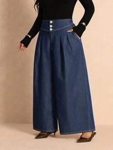 Elaquor Plus Size Women's Pleated Pocket Casual Daily Wide Leg Denim Jeans - Blue - View 6