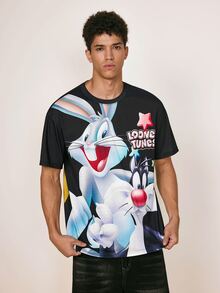 LOONEY TUNES X SHEIN Men's Letter Cartoon Pattern Casual Everyday Short Sleeve T-Shirt - Black - View 4